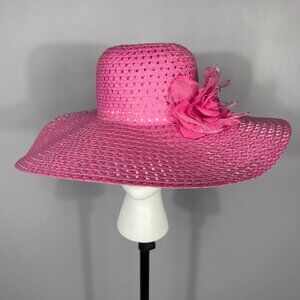 Pink floppy wide brim Sun Hat. Flower on side.